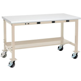Global Industrial 253992HBTN Global Industrial™ 60 x 30 Mobile Production Workbench - Power Apron - ESD Safety Edge - Tan image.