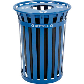 Global Industrial 261800BL Global Industrial™ Outdoor Slatted Recycling Can w/Flat Lid, 36 Gallon, Blue image.