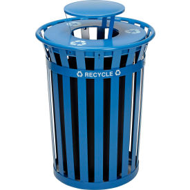 Global Industrial 261850BL Global Industrial™ Outdoor Slatted Steel Recycling Can w/Rain Bonnet Lid, 36 Gallon, Blue image.