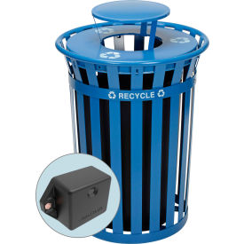 Global Industrial 261850BLT Global Industrial™ TrashTalk™ Outdoor Slatted Recycling Can w/Rain Lid, 36 Gal., Blue image.