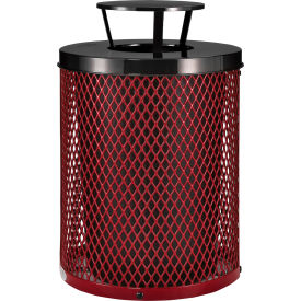 Global Industrial 261926RD Global Industrial™ Outdoor Diamond Steel Trash Can With Rain Bonnet Lid, 36 Gallon, Red image.