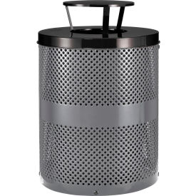 Global Industrial 261927GY Global Industrial™ Outdoor Perforated Steel Trash Can With Rain Bonnet Lid, 36 Gallon, Gray image.