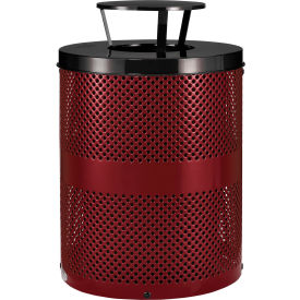 Global Industrial 261927RD Global Industrial™ Outdoor Perforated Steel Trash Can With Rain Bonnet Lid, 36 Gallon, Red image.
