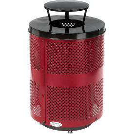Global Industrial 261927RDD Global Industrial™ Outdoor Perforated Steel Trash Can W/Rain Bonnet Lid & Base, 36 Gallon, Red image.