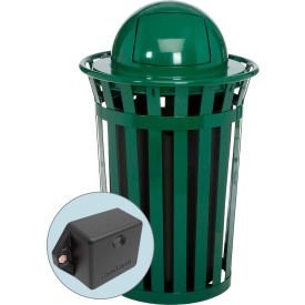 Global Industrial 261944GNT Global Industrial™ TrashTalk™ Outdoor Slatted Metal Trash Can w/Dome Lid, 36 Gal., Green image.