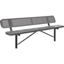 Global Industrial 8' Outdoor Steel Bench w/ Backrest, Perforated Metal, In Ground Mount, Gray