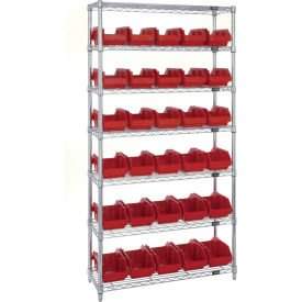 Quantum® 7 Shelf Chrome Bin Shelving 36"W x 18"D x 74"H 30 QuickPick Bins Red