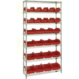 Quantum® 7 Shelf Chrome Bin Shelving 36"W x 18"D x 74"H 26 QuickPick Bins Red