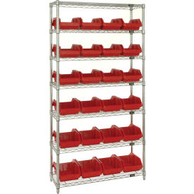 Quantum® 7 Shelf Chrome Bin Shelving 36"W x 18"D x 74"H 24 QuickPick Bins Red