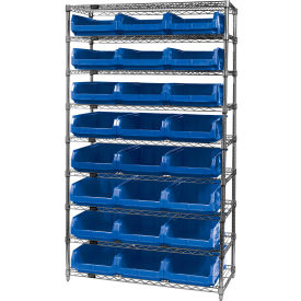 Quantum® 9 Shelf Chrome Bin Shelving 42"W x 18"D x 74"H 24 Magnum Bins Blue