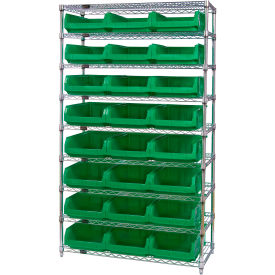 Quantum® 9 Shelf Chrome Bin Shelving 42"W x 18"D x 74"H 24 Magnum Bins Green