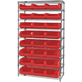 Quantum® 9 Shelf Chrome Bin Shelving 42"W x 18"D x 74"H 24 Magnum Bins Red