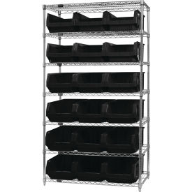 Quantum® 7 Shelf Chrome Bin Shelving 42"W x 18"D x 74"H 18 Magnum Bins Black