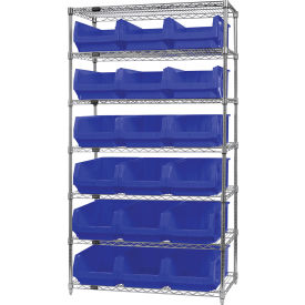 Quantum® 7 Shelf Chrome Bin Shelving 42"W x 18"D x 74"H 18 Magnum Bins Blue