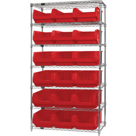 Quantum® 7 Shelf Chrome Bin Shelving 42"W x 18"D x 74"H 18 Magnum Bins Red