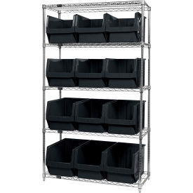 Quantum® 5 Shelf Chrome Bin Shelving 42"W x 18"D x 74"H 12 Magnum Bins Black
