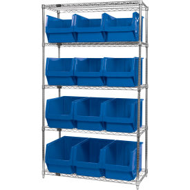 Quantum® 5 Shelf Chrome Bin Shelving 42"W x 18"D x 74"H 12 Magnum Bins Blue