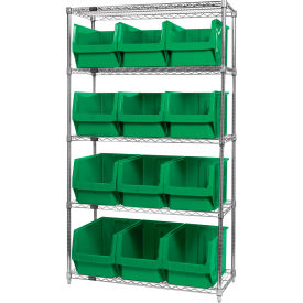 Quantum® 5 Shelf Chrome Bin Shelving 42"W x 18"D x 74"H 12 Magnum Bins Green