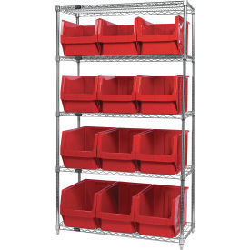 Quantum® 5 Shelf Chrome Bin Shelving 42"W x 18"D x 74"H 12 Magnum Bins Red