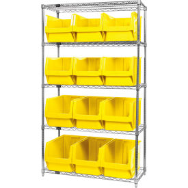 Quantum® 5 Shelf Chrome Bin Shelving 42"W x 18"D x 74"H 12 Magnum Bins Yellow