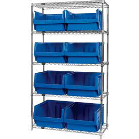 Quantum® 5 Shelf Chrome Bin Shelving 42"W x 18"D x 74"H 8 Magnum Bins Blue