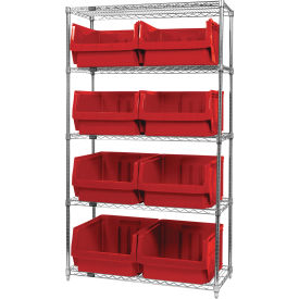 Quantum® 5 Shelf Chrome Bin Shelving 42"W x 18"D x 74"H 8 Magnum Bins Red