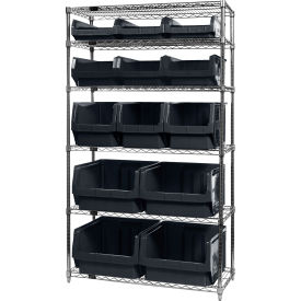 Quantum® 6 Shelf Chrome Bin Shelving 42"W x 18"D x 74"H 13 Magnum Bins Black