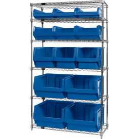 Quantum® 6 Shelf Chrome Bin Shelving 42"W x 18"D x 74"H 13 Magnum Bins Blue