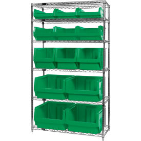 Quantum® 6 Shelf Chrome Bin Shelving 42"W x 18"D x 74"H 13 Magnum Bins Green