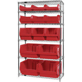 Quantum® 6 Shelf Chrome Bin Shelving 42"W x 18"D x 74"H 13 Magnum Bins Red