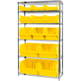 Quantum® 6 Shelf Chrome Bin Shelving 42"W x 18"D x 74"H 13 Magnum Bins Yellow