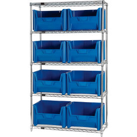 Quantum® 5 Shelf Chrome Bin Shelving 42"W x 18"D x 74"H 8 Giant Stack Containers Blue