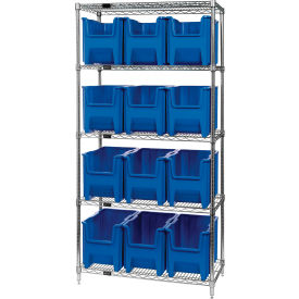 Quantum® 5 Shelf Chrome Bin Shelving 36"W x 18"D x 74"H 12 Giant Stack Containers Blue