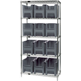 Quantum® 5 Shelf Chrome Bin Shelving 36"W x 18"D x 74"H 12 Giant Stack Containers Gray