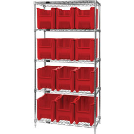 Quantum® 5 Shelf Chrome Bin Shelving 36"W x 18"D x 74"H 12 Giant Stack Containers Red