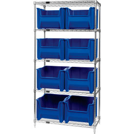 Quantum® 5 Shelf Chrome Bin Shelving 36"W x 18"D x 74"H 8 Giant Stack Containers Blue