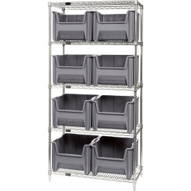 Quantum® 5 Shelf Chrome Bin Shelving 36"W x 18"D x 74"H 8 Giant Stack Containers Gray