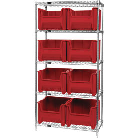 Quantum® 5 Shelf Chrome Bin Shelving 36"W x 18"D x 74"H 8 Giant Stack Containers Red