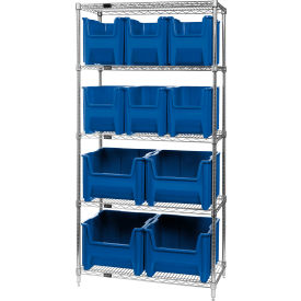 Quantum® 5 Shelf Chrome Bin Shelving 36"W x 18"D x 74"H 10 Giant Stack Containers Blue