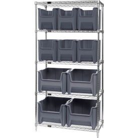 Quantum® 5 Shelf Chrome Bin Shelving 36"W x 18"D x 74"H 10 Giant Stack Containers Gray