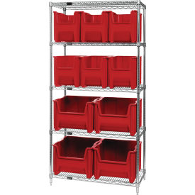 Quantum® 5 Shelf Chrome Bin Shelving 36"W x 18"D x 74"H 10 Giant Stack Containers Red