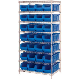 Quantum® 8 Shelf Chrome Bin Shelving 36"W x 24"D x 74"H 28 Hulk Containers Blue
