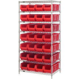 Quantum® 8 Shelf Chrome Bin Shelving 36"W x 24"D x 74"H 28 Hulk Containers Red