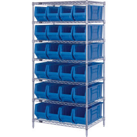 Quantum® 7 Shelf Chrome Bin Shelving 36"W x 24"D x 74"H 24 Hulk Containers Blue