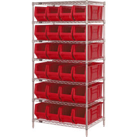 Quantum® 7 Shelf Chrome Bin Shelving 36"W x 24"D x 74"H 24 Hulk Containers Red
