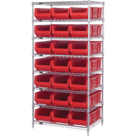 Quantum® 8 Shelf Chrome Bin Shelving 36"W x 24"D x 74"H 21 Hulk Containers Red