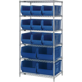 Quantum® 6 Shelf Chrome Bin Shelving 36"W x 24"D x 74"H 13 Hulk Containers Blue
