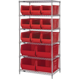 Quantum® 6 Shelf Chrome Bin Shelving 36"W x 24"D x 74"H 13 Hulk Containers Red