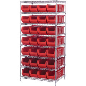 Quantum® 8 Shelf Chrome Bin Shelving 36"W x 30"D x 74"H 28 Hulk Containers Red