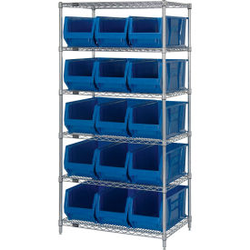 Quantum® 6 Shelf Chrome Bin Shelving 36"W x 30"D x 74"H 15 Hulk Containers Blue